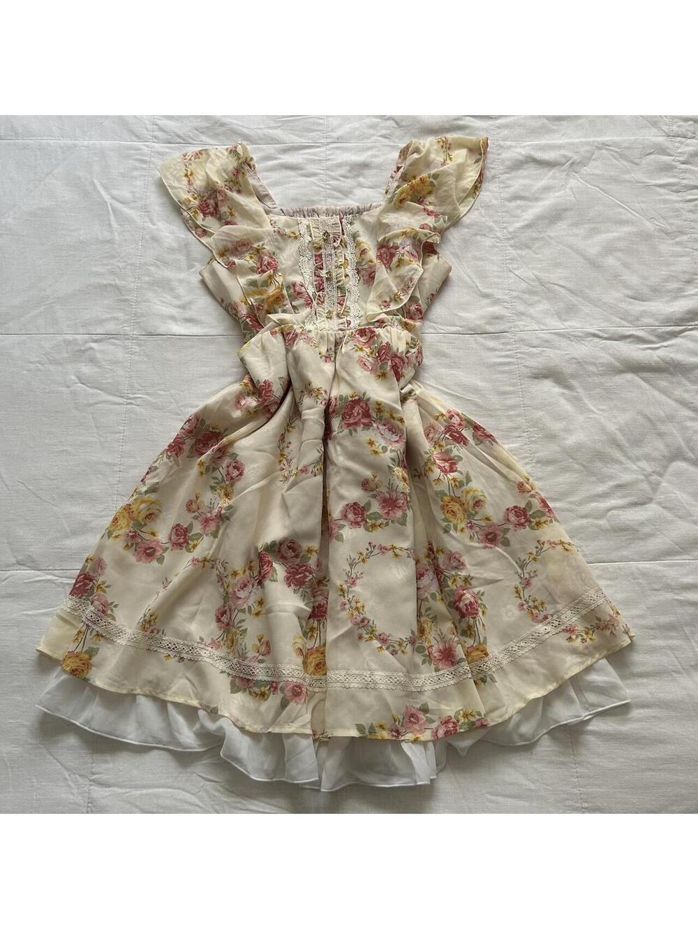 Axes Femme Cream Rose Floral Lace Corset Ruffle Midi Dress Medium Japan